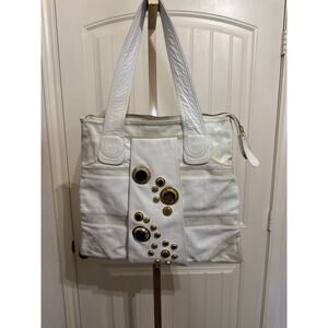 Vintage Gustto White Leather Shoulder Bag Y2K Large Gold Medallion Tote